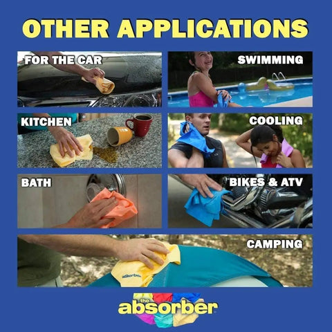 Collage of uses for Large 27x17 Inch Drying Chamois Cloth For Cars Super Absorbent Washable: car, swimming, kitchen, cooling, bath, bikes, camping.