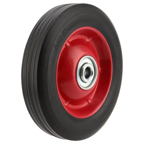 Four Pack 8 Inch Solid Rubber Wheels For Hand Trucks Flat Free Quiet Durable Replacement Wheels With One Half Inch Axle Hole 220 Pound Load Capacity Rust Resistant No Flats Built For Tough Jobs, side view of single wheel
