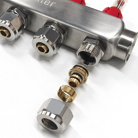 Amazon AB 12‑loop PEX radiant manifold with 1/2 in outlets; stainless steel body and brass compression fittings
