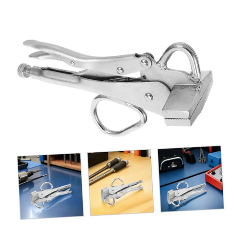 Beefy Heavy Duty Locking Sheet Metal Pliers with wide duckbill jaw for automotive bodywork, ergonomic manual welder clamp displayed on table.