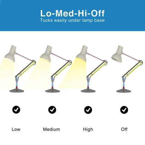 Lamp with 3 way touch sensor dimmer showing Low, Medium, High, Off settings for 3 Way Touch Sensor Dimmer Replacement Kit For Lamps