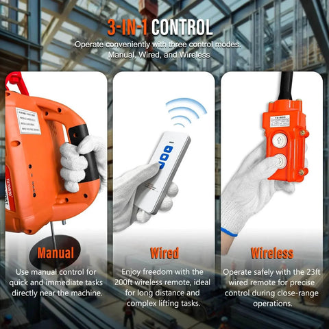 3 In 1 Electric Hoist Winch With Wireless And Wired Remote 1500W 120V Crane showcasing control options