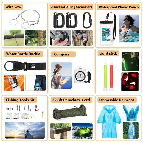 Various survival items from 250 Piece Survival Kit With Molle System Compatible Bag And Emergency Tent, including wire saw, compass, and light sticks.