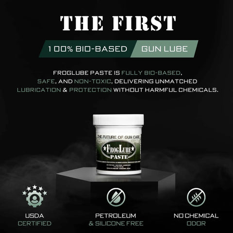 Heavy Duty Gun Lubricant Paste For Firearms With Metal Bonding Tech Non Toxic 4oz Rugged Gun Grease in jar, front view.