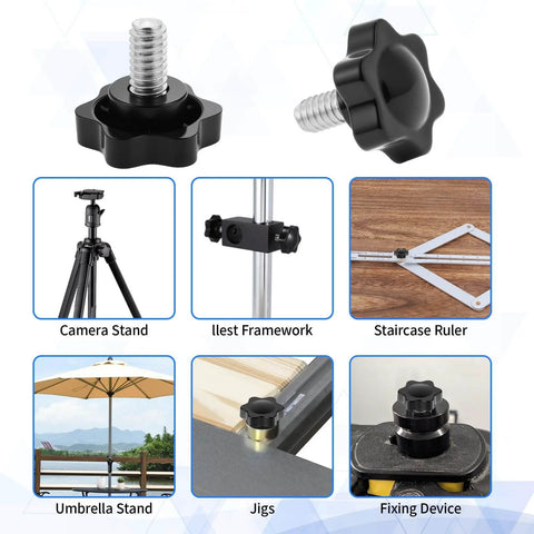 1/4-20 Knurled Thumb Screws Set, Black Plastic Knobs, 12 Pieces shown in various uses like tripods and umbrella stands