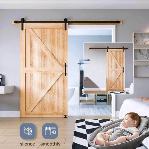 EaseLife Eight Foot Sliding Barn Door Track And Hardware Kit with Basic J Pulley installed, wooden door on black track.