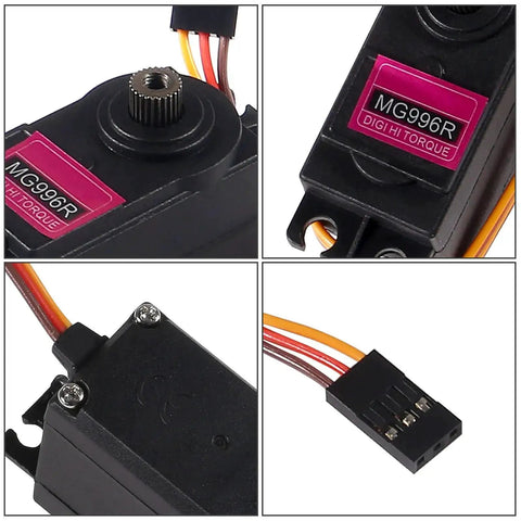 Close-up of 2 Pack MG996R Metal Gear Servo Motors, showing connectors and labels for digital high speed torque, 300mm lead wire.