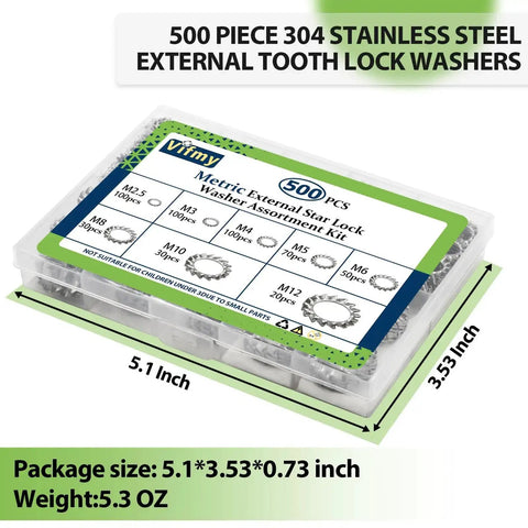 External Tooth Lock Washer Assortment Kit in plastic box with sizes M2.5 to M12, 500 Pc, 304 Stainless Steel, for furniture DIY fastening.