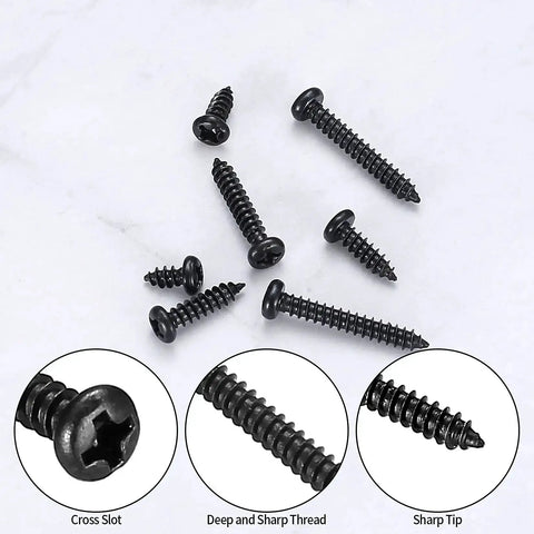 M3 Self Tapping Wood Screws Set, Zinc Plated Carbon Steel Pan Head Phillips Screws, showing various sizes with cross slot and sharp tips.