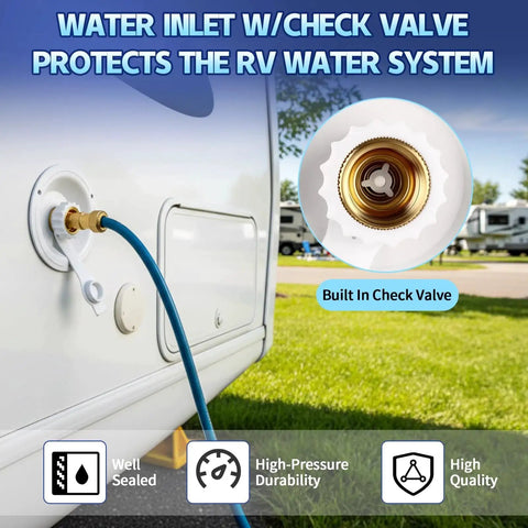Installed RV City Water Inlet With Check Valve For Safe Drinking Water Three Quarter NH Female To One Half NPT Male Thread