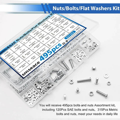 495 Pcs SAE And Metric Nuts And Bolts Kit With 26 Sizes M3 M4 M5 To 10 To 24 Pan Head Fasteners organized in a plastic box