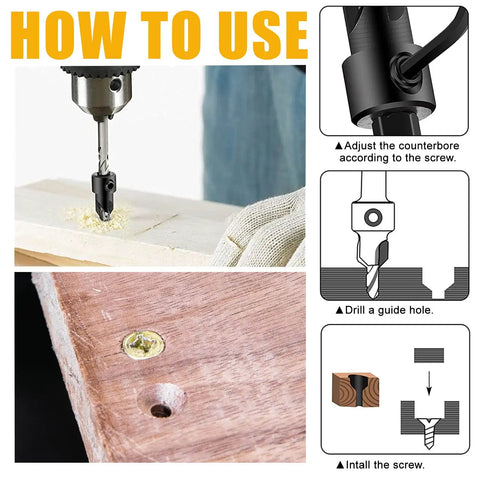Diagram showing the Top Notch Wood Countersink Drill Bit Set With Five Sizes Four Six Eight Ten Twelve For Woodworking Quick Change One Quarter Inch Hex Shank And Allen Wrench From Newdeli Handles Countersinks Like A Pro in use and installation steps on wood.