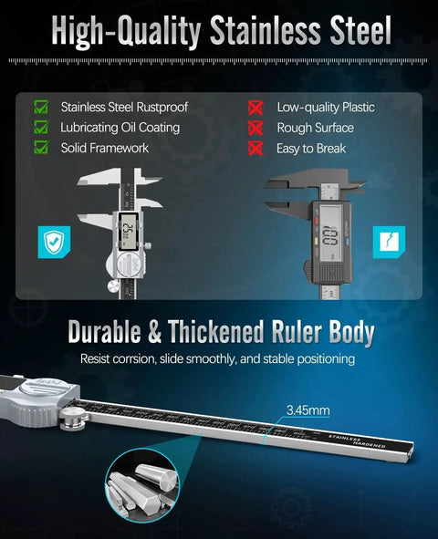 Digital Caliper 12 Inch With ABS Absolute Scale IP54 Waterproof Stainless Steel Vernier Caliper With Inch MM And Fraction Readouts Auto Off LCD Display Precision Measuring Tool Feeler Gauges Included, highlighting stainless steel construction and LCD display.