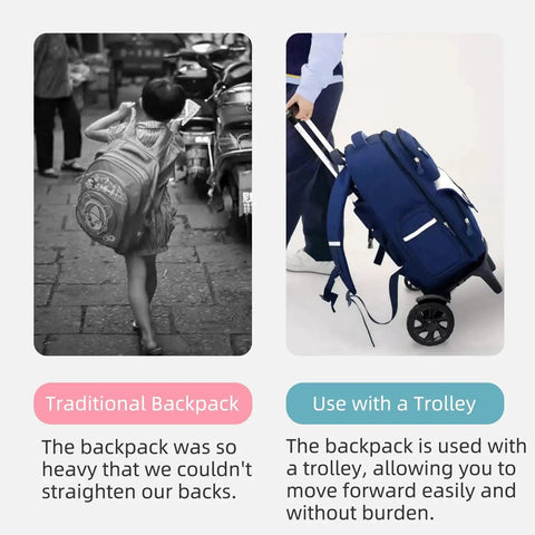 Comparison of traditional backpack and Transformable Backpack Trolley Cart With Aluminum Alloy Frame And Two Large Tank Wheels.