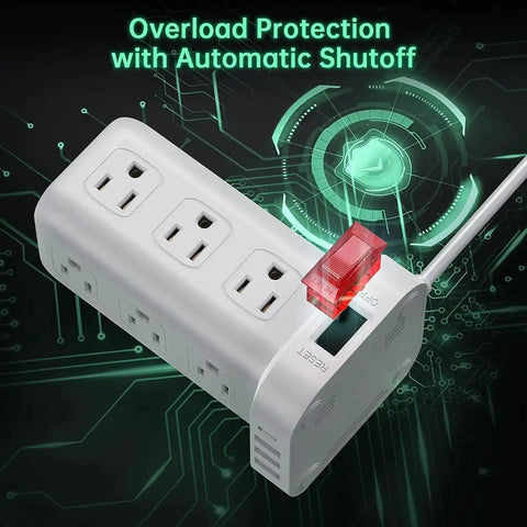Tower Surge Protector Power Strip With 12 Outlets 4 USB Ports Including USB C 6.5 Foot Extension Cord 16 In 1 Charging Station 1200 Joules Surge Protection Built In Circuit Breaker Your Desk Ready Workhorse Charging Hub on shiny circuit background