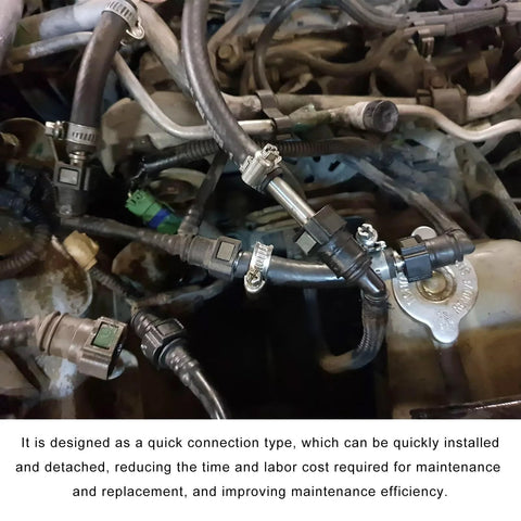 Fuel line quick connectors (2-pack) on engine hoses; black nylon tubing with metal clamps and barbed fittings.