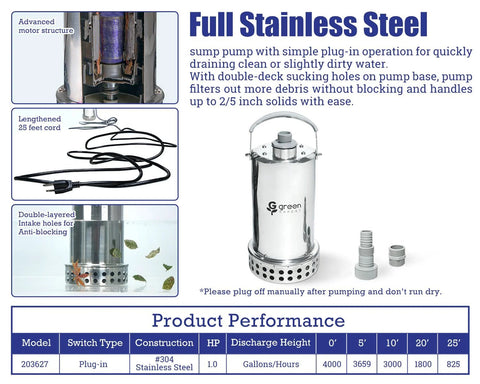 Green Expert 1HP stainless steel submersible sump pump with 4000 GPH and 25 ft cord