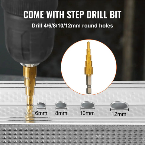 Image showing a drill with step bit creating round holes in metal, ranging from 6mm to 12mm. Includes Double Head Sheet Metal Nibbler Cutter For Drills, 360 Degree Cutting Attachment With Extra Punch And Die, Hole Cutting Accessory For Straight, Curve, And Circle Cuts, Fits Most Electric Drills, Heavy Duty Diy Metalworking Tool focus keyword.