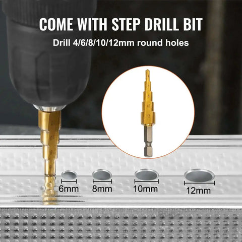 Double Head Sheet Metal Nibbler Cutter with 360 Degree Drill Attachment demonstrating step drill bit for round holes