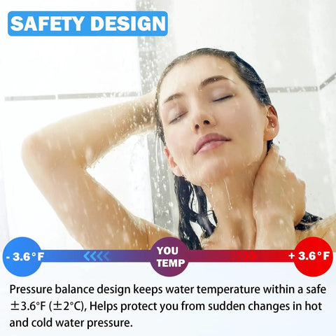 Woman showering illustrating safety design feature of RP46074 Shower Valve Cartridge Replacement Kit For Delta 13/14 Series.