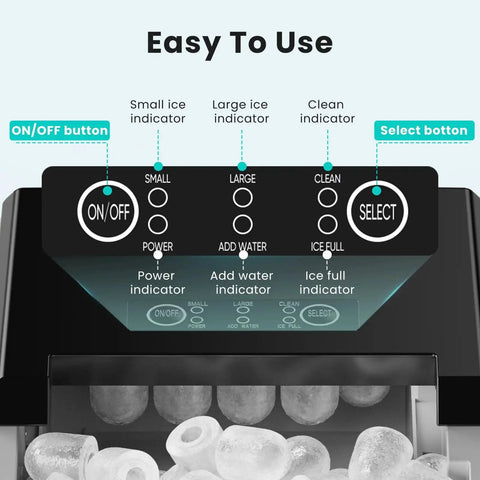 Control panel of Portable Countertop Ice Maker 26 Lbs Per Day Auto Clean Basket And Scoop with indicators and buttons.