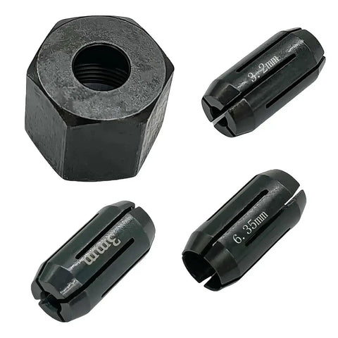 Four Pack Cut Out Tool Collet Chuck Kit For DW660 And DC550 Palm Routers Includes One Eighth Inch One Quarter Inch And Three Point Zero Millimeter Collets Beefed Up Replacement Parts For Cut Out Tools, showing four collets and a nut.