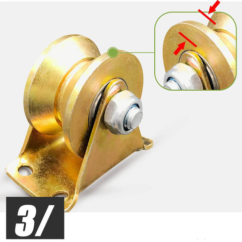 Close-up of V Shaped Groove Track With Sliding Gate Roller And Beefy Heavy Duty Rigid Caster Set showing 32mm track wheel.