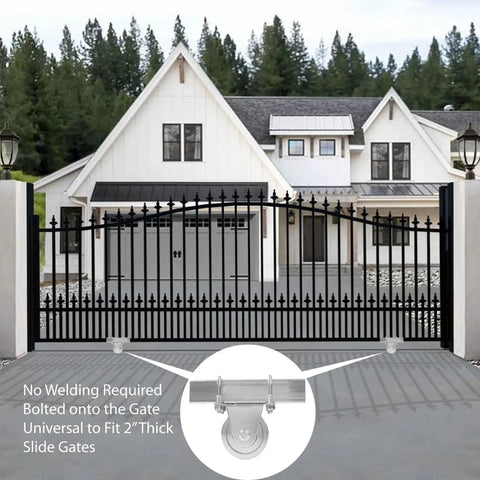 Heavy Duty 4 In Slide Gate Wheel With V Groove Dual Bearings, Bolted External Mount Bracket Cradle on iron gate