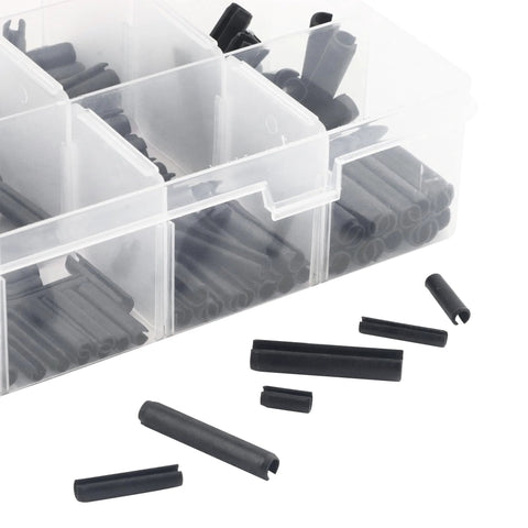 Beefy 530 Piece Roll Pin Set With Slotted Spring Pins In M1.5, M2, M2.5, M3, M4, M5, And M6 Steel Dowel Pins For Home Improvement Automotive And Machinery Repair Heavy Duty Mn Steel Fasteners Kit For Quick Fixes organized in a plastic case