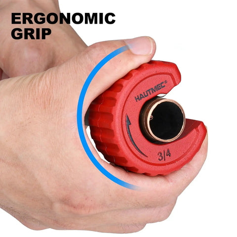 Heavy Duty Copper Tubing Cutter Set With Auto Tightening Includes Half Inch, Three Quarter Inch, And One Inch Cutters, Reaming Pen, Spare Cutting Wheels, Deburring Blade, In Portable Storage Case, Zinc Alloy Construction With Chrome Rollers showing ergonomic grip on cutter