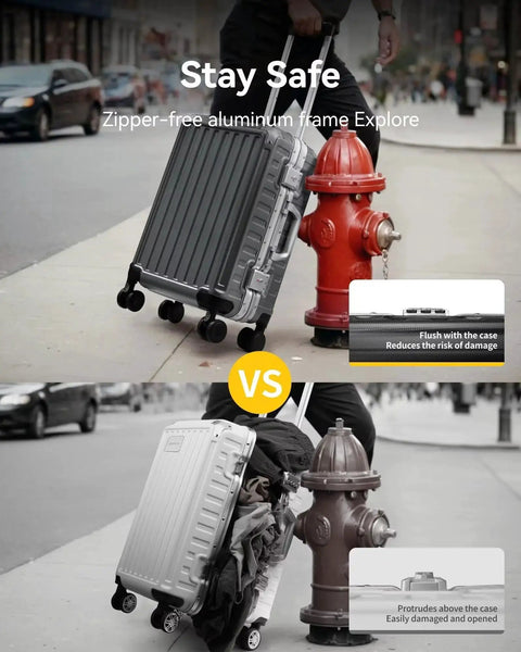 Carry On Luggage With Spinner Wheels 8010S Aluminum Frame Zipperless Polycarbonate Hard Shell Suitcase ZX Core Charcoal Metallic 20 Inch 36L Lightweight 9 Lb Durable Travel Case Built For Weekend Getaways And Everyday Business Travel next to a fire hydrant, demonstrating flush fit design.