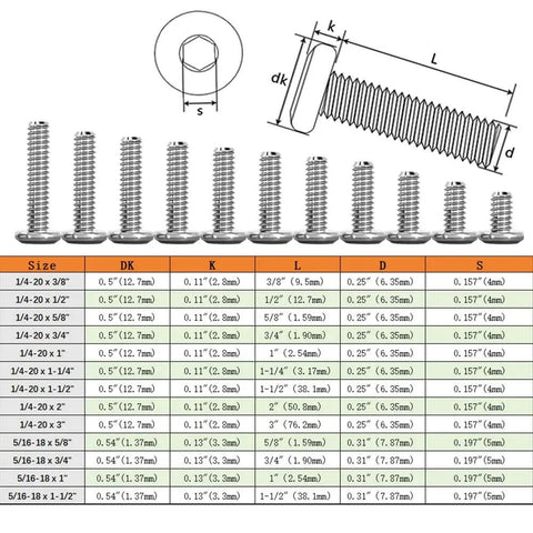 Flat Head Hex Socket Cap Screws 1/4-20 X 1 Inch Stainless Steel 304 Fully Threaded Bolts 20 Pack With Allen Key For Furniture Machinery Cabinets And Outdoor Projects Rust Resistant Built To Last Tough in a size chart and diagram.