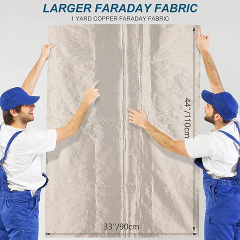 Shielding Faraday Fabric, 44in wide by 18ft long, silver EMI/RF shielding fabric held by two workers
