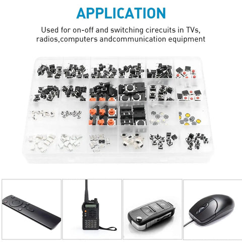 240 Piece Micro Momentary Tactile Push Button Switches Assortment Kit with 24 Value Options in Black for Electronics Projects
