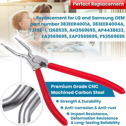Red-handled washing machine door boot seal clamp removal pliers for inner and outer springs