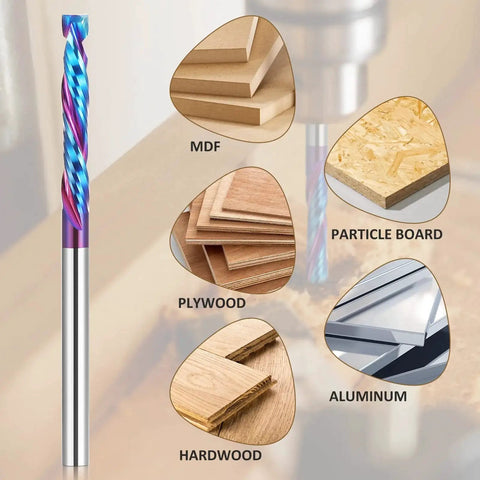 Up and Down Cut Compression Router Bit Set of Five for CNC Milling One Eighth Inch Shank showing cutting capability on various materials
