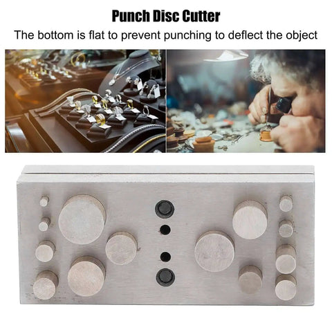 14 Piece Round Disc Cutter Set 2.7 To 16 mm Punch Die Kit for jewelry making and metal craft with flat bottom design on table.