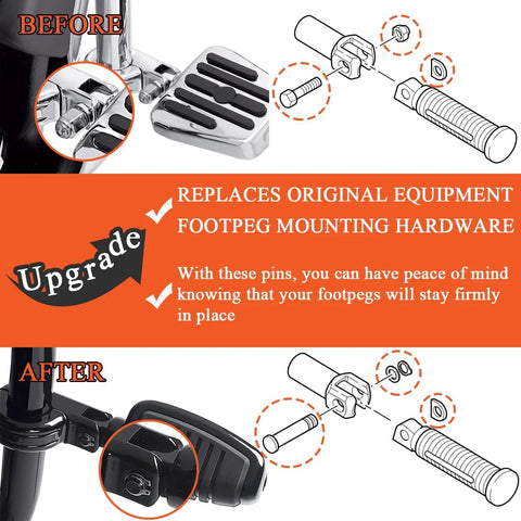 Footpeg Mounting Pins Kit With Clevis Pin, Spring Washer And Retaining Ring For Harley Rider And Passenger Footpegs, Male Mount-Style, Fits Dyna, Touring, Softail, Sportster Models, Black, before and after illustration
