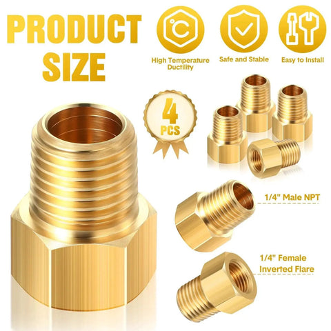 Propane Fitting Adapter Set 1/4 Inch NPT Male To 1/4 Inch Inverted Flare Female Brass Reducer Connector, 4 Pcs, shown with size info