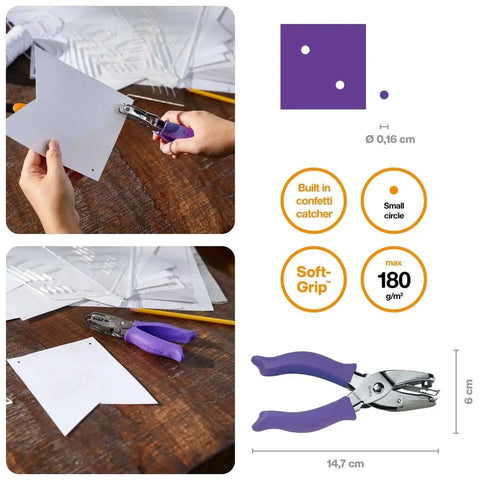 One Sixteenth Inch Circle Hole Punch With Ergonomic Cushioned Grip, purple accent, in use for crafting and on table close-up.