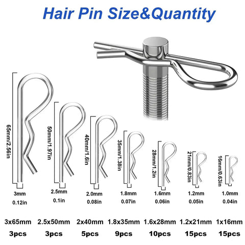 135 Piece Cotter Pin Set 13 Sizes 304 Stainless Steel Assortment Kit with size chart and quantities displayed.
