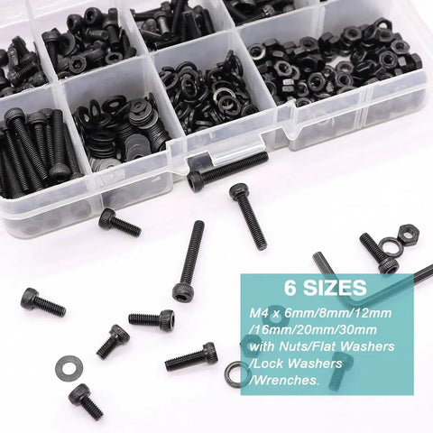 380 Piece M4 Hex Socket Head Screws Kit With Nuts Washers And Wrench M4 Bolts Range 6 8 12 16 20 30mm 12.9 Grade Alloy Steel
