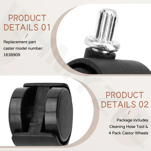 Self Cleaning Hose Tool And Four Pack Castor Wheels For Little Green HydroSteam Carpet Cleaners 3605 3618 3532 Replacement Part 1638909 Durable Castors For Stable Movement And Easy Installation, showing a close-up of black castor wheel details.