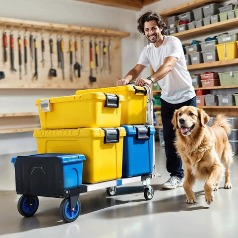 Person using 3 In 1 Aluminum Folding Hand Truck Dolly Cart With Wheels Up To 600 Lbs Capacity, carrying boxes in a workshop with a dog.