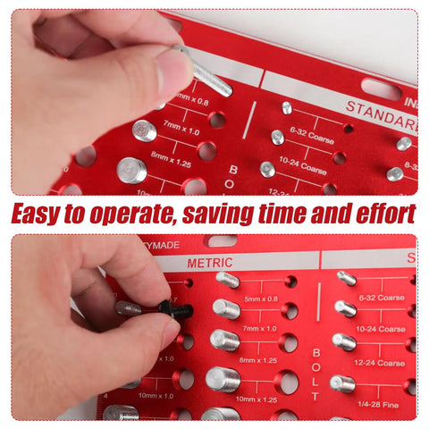 Close-up of 34 Bit Nut And Bolt Thread Checker Kit With 19 Standard And 15 Metric Sizes, Pro Grade, Wall Mounted And Hand Held Thread Gauge Sizing Tool, Nut And Bolt Chart, 8.07 Inch Red showing user checking a bolt.