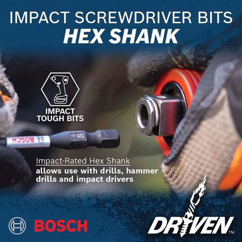 Driven 2 Inch Impact Slotted Bits Set With Precision Milled Tips And Torsion Zone For 50 Times Longer Life Bosch 2 Piece Power Bits Sizes Eight To Ten shown with impact driver use
