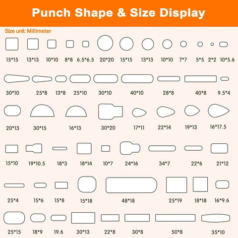 Punch shape and size display chart for 56 Piece Leather Hole Punch Set With Storage Case And Mat Includes Multiple Shapes For Belts