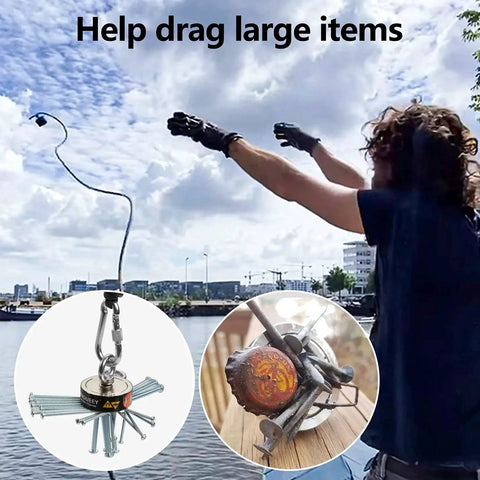 Person using Heavy Duty Magnet Fishing Kit 760 Lbs With Grappling Hook 65ft Rope And Gloves by a waterfront.