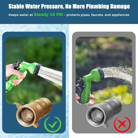 Two-panel banner: left shows brass lead-free RV water pressure regulator with filter (40–50 PSI); right shows gray regulator with red X.