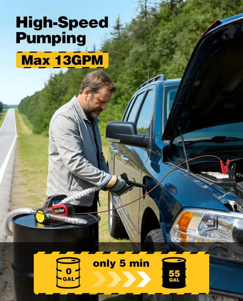 Man using 12V 13GPM Diesel Transfer Pump Kit with electric fuel transfer pump nozzle and hoses on blue truck by roadside.